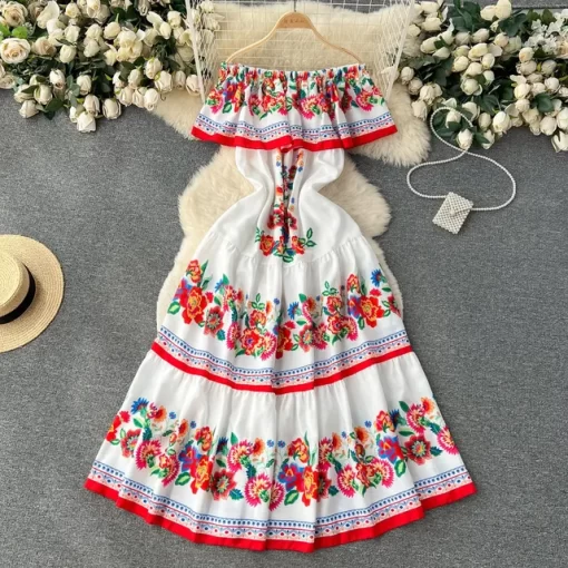 Korejepo French Court Style Dresses Floral One Shoulder Casual Dress Women Summer Straps Waistband Beautiful Long.jpg 640x640.jpg