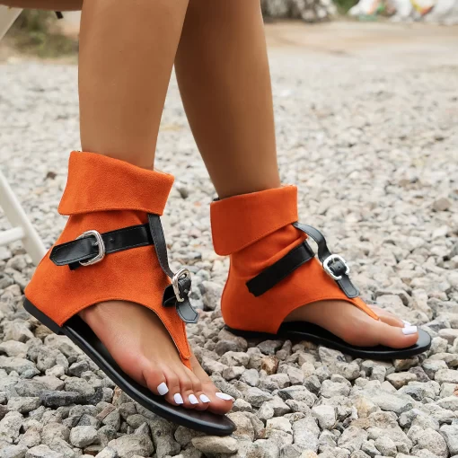 Ladies Summer Clip Toe Roman Sandals Denim Belt Buckle Large Size High Top Herringbone Flat Boots.jpg (1)