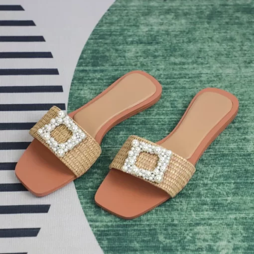 OSt6Casual Women s Slippers Fashion Flat Pearl Ladies Flip Flops Travel Beach Slides with Square Buckle