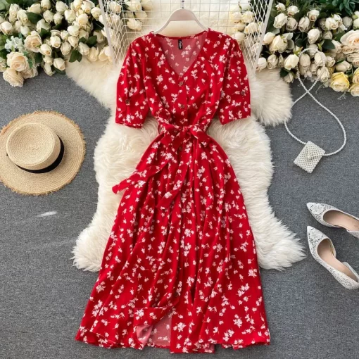 OyvTFrench Sweet Floral Dress Women V Neck Puff Sleeve Single Breasted Belt Dress Summer Bohemian Print