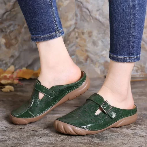 PU Leather Women Slippers Round Toe Summer Hollow Outdoor Flat Shoes Casual Leather Buckle Loafers Shoes.jpg