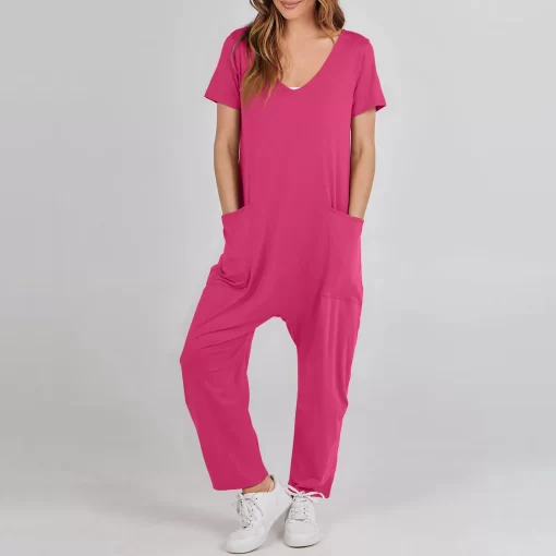 QKhPJumpsuits For Womens Overalls Casual Loose Short Sleeve Long Trousers With Big Pockets Ladies Summer Cotton