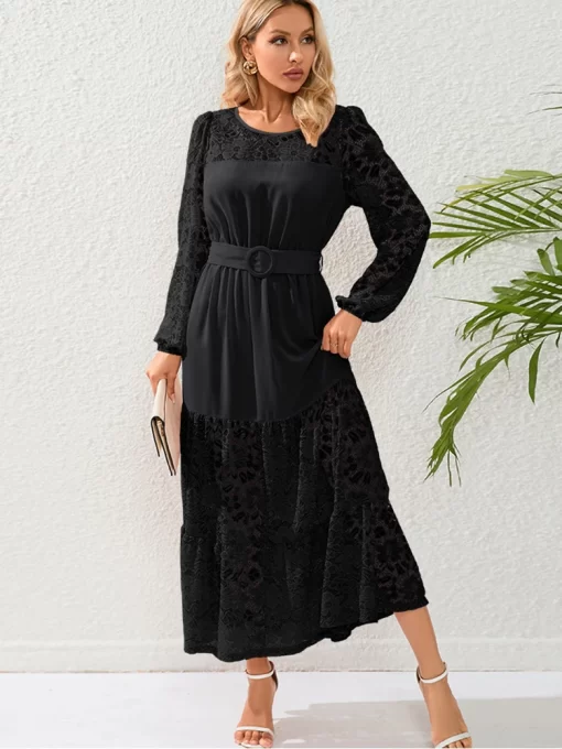 QO6dLace Long Dresses For Women Elegant Black Bandage Ruffle French Dress Spring Fashion Hollow Out New