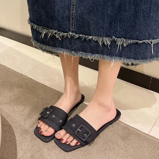 Sandals Wear Women 2024 New Summer Square Head One line Beach Shoes with Denim Blue Square.jpg (1)