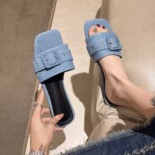 Sandals Wear Women 2024 New Summer Square Head One line Beach Shoes with Denim Blue Square.jpg