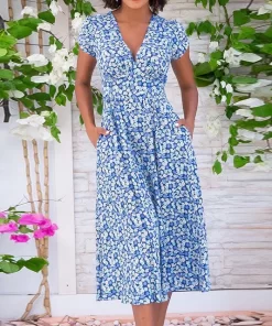 Summer V Neck Floral Print Party Dress Women Vintage Short Sleeve Midi Dress Spring Loose Pocket.jpg 640x640.jpg (1)