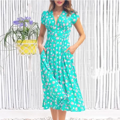 Summer V Neck Floral Print Party Dress Women Vintage Short Sleeve Midi Dress Spring Loose Pocket.jpg 640x640.jpg (2)