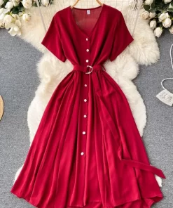 Summer Vintage V Neck Single Breasted Midi Dress For Women Elegant Short Sleeve High Waist A.jpg 640x640.jpg (3)