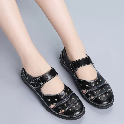 Summer Women Leather Sandals Hollow Flat White Fashion Casual Ladies Shoes Sandales Round Toe Non Slip.jpg