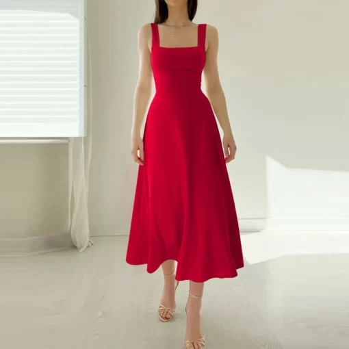 SziBWomen s Solid Color Thick Shoulder Strap Slim Fit Lace Up Waist Dress Casual Skirt A