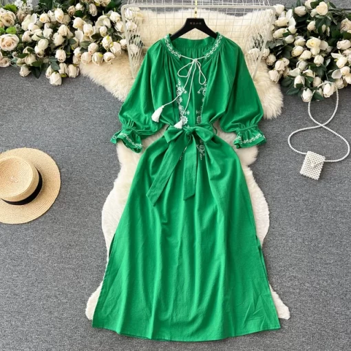 Vintage Women Long Dresses Embroidery Lace Up O neck Lantern Sleeve Slim Female Maxi Dress Split.jpg 640x640.jpg (3)