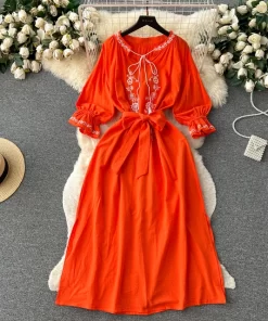 Vintage Women Long Dresses Embroidery Lace Up O neck Lantern Sleeve Slim Female Maxi Dress Split.jpg 640x640.jpg (4)