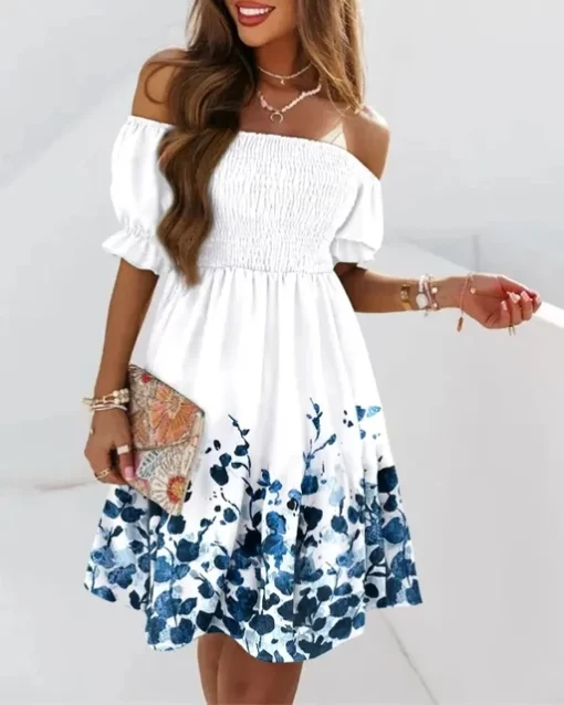 Women s summer short sleeved loose Bohemian print off shoulder pleated mini dress party dress fashion.jpg 640x640.jpg (1)