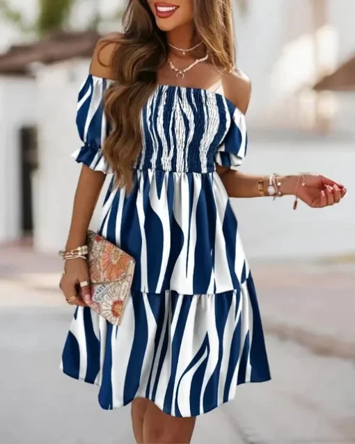 Women s summer short sleeved loose Bohemian print off shoulder pleated mini dress party dress fashion.jpg 640x640.jpg (6)