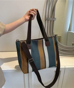 Women's Canvas Shoulder Bags Eco Reusable Striped Shopper Fashion Print Large Capacity Handbags Casual Simple Bag for Students