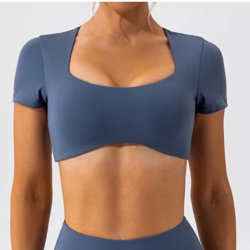 XP4c2024 Fitness Bra Short Sleeve Simple Shockproof Sports Curved Hem Yoga Shirt Slim Fit Crop Top