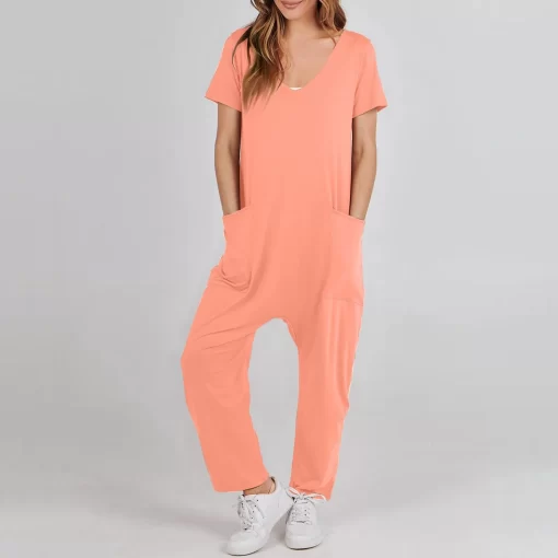 Y3hOJumpsuits For Womens Overalls Casual Loose Short Sleeve Long Trousers With Big Pockets Ladies Summer Cotton
