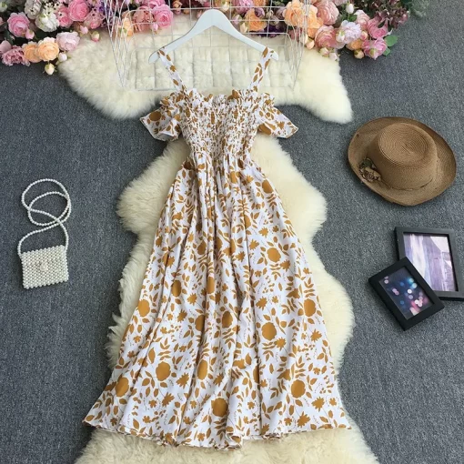 aOaQYuooMuoo Korean Fashion Sweet Off Shoulder Women Party Dress 2024 New Summer Floral Print Vacation Long