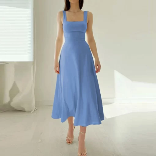 jFzZWomen s Solid Color Thick Shoulder Strap Slim Fit Lace Up Waist Dress Casual Skirt A