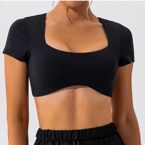 jaNM2024 Fitness Bra Short Sleeve Simple Shockproof Sports Curved Hem Yoga Shirt Slim Fit Crop Top