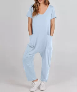 k692Jumpsuits For Womens Overalls Casual Loose Short Sleeve Long Trousers With Big Pockets Ladies Summer Cotton