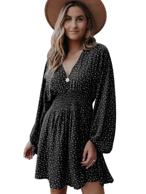 mAwOShort Dresses For Women Fashion Black Print Lantern Sleeve Dress Spring V Neck A line New