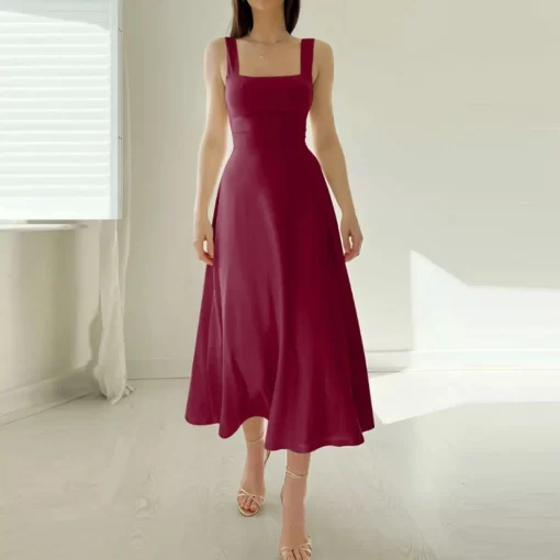 mx4EWomen s Solid Color Thick Shoulder Strap Slim Fit Lace Up Waist Dress Casual Skirt A