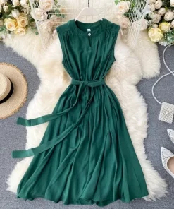 nM3RSummer Solid Green Blue Yellow Casual Dress Elegant Sleeveless Round Neck Sashes Dresses Vintage 2024 New