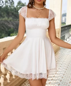 qiqSNewAsia Summer Satin White Dress Women Sexy Lackwork Ruched Bandage Mini Dresses Fairycore Slim Party Vestido