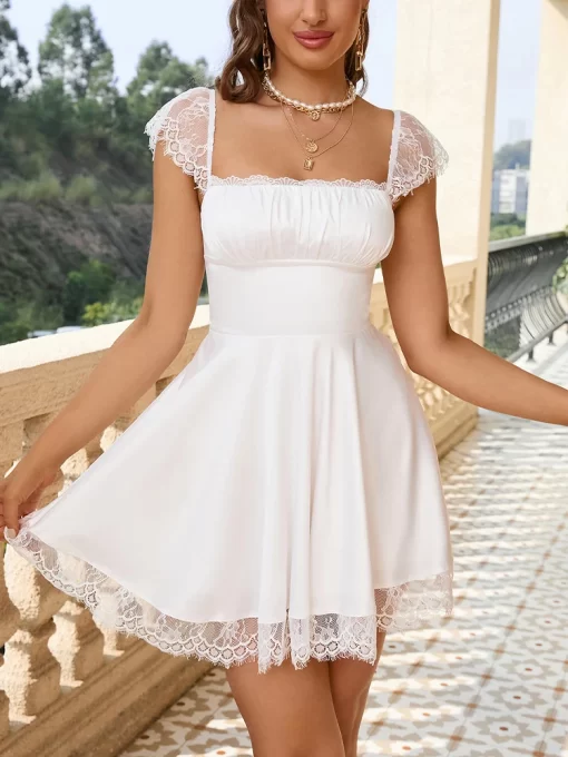 qiqSNewAsia Summer Satin White Dress Women Sexy Lackwork Ruched Bandage Mini Dresses Fairycore Slim Party Vestido