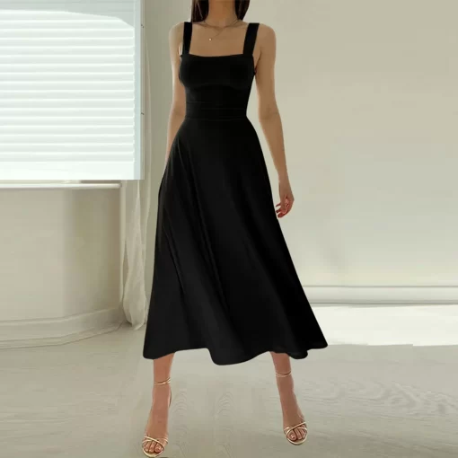 rSzRWomen s Solid Color Thick Shoulder Strap Slim Fit Lace Up Waist Dress Casual Skirt A