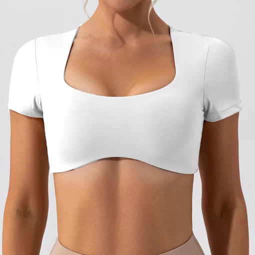 reSm2024 Fitness Bra Short Sleeve Simple Shockproof Sports Curved Hem Yoga Shirt Slim Fit Crop Top