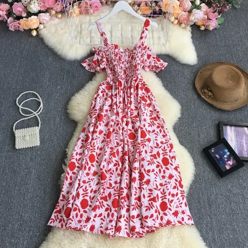 tBaWYuooMuoo Korean Fashion Sweet Off Shoulder Women Party Dress 2024 New Summer Floral Print Vacation Long