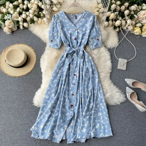 xGBUFrench Sweet Floral Dress Women V Neck Puff Sleeve Single Breasted Belt Dress Summer Bohemian Print