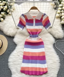2024 Summer Short Sleeve Knit Dress Women Elegant stripe Slim Elastic Stretch Casual Bodycon Party Mini.jpg 640x640.jpg (1)