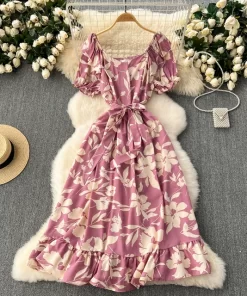 2024 Women Fashion Printed Sashes A line Long Dress Vintage Puff Sleeve Chic Lady Dress Summer.jpg 640x640.jpg (4)