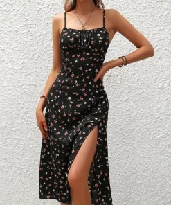 2024 Women Floral Print Spaghetti Straps Summer Boho Beach Dress Print Elegant Suspenders Square Neck Slit.jpg 640x640.jpg (2)
