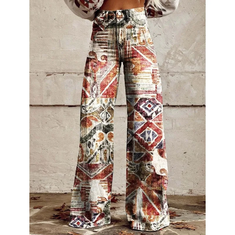 5iAaWomen s Vintage Geometric Pattern Print Casual Wide Leg Pants Ethnic Tribal Style Summer Trousers Soft