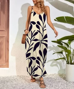 6AvYWomen s Summer Strapless V Neck Sleeveless Halter Dress Leaf Print A Line Maxi Dress Bohemian