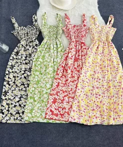 Dresses Floral Printed Women Dress 2024 Summer Elegant Slim Sleeveless Spaghetti strap Female High Waist Lady.jpg
