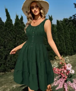 Elegant Dress Women s Cotton Sleeveless Round Neck Pleated Tank Top A line Skirt New Summer.png (1)