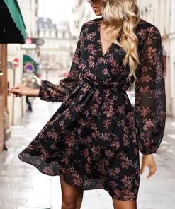 Summer Black Floral Chiffon A Line Mini Dress Woman Sexy V neck Long Sleeve Party Dress.jpg 640x640.jpg (2)