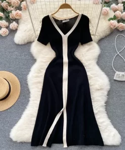 Vintage Elegant Short Sleeve Stretch Knit Slim Dress French Fashion Casual Vestidos A line Basic Autumn.jpg 640x640.jpg