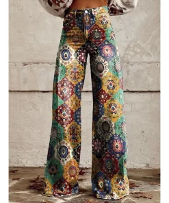 ZYjdWomen s Vintage Geometric Pattern Print Casual Wide Leg Pants Ethnic Tribal Style Summer Trousers Soft