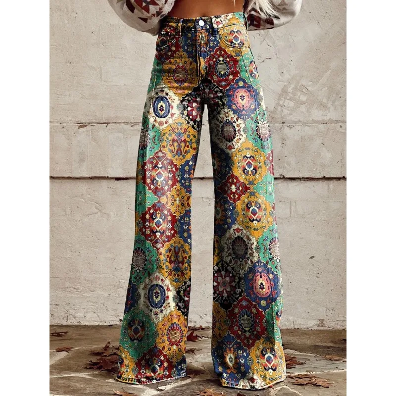ZYjdWomen s Vintage Geometric Pattern Print Casual Wide Leg Pants Ethnic Tribal Style Summer Trousers Soft