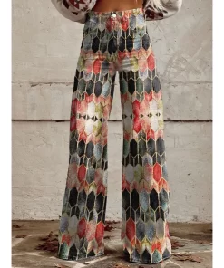 amsnWomen s Vintage Geometric Pattern Print Casual Wide Leg Pants Ethnic Tribal Style Summer Trousers Soft
