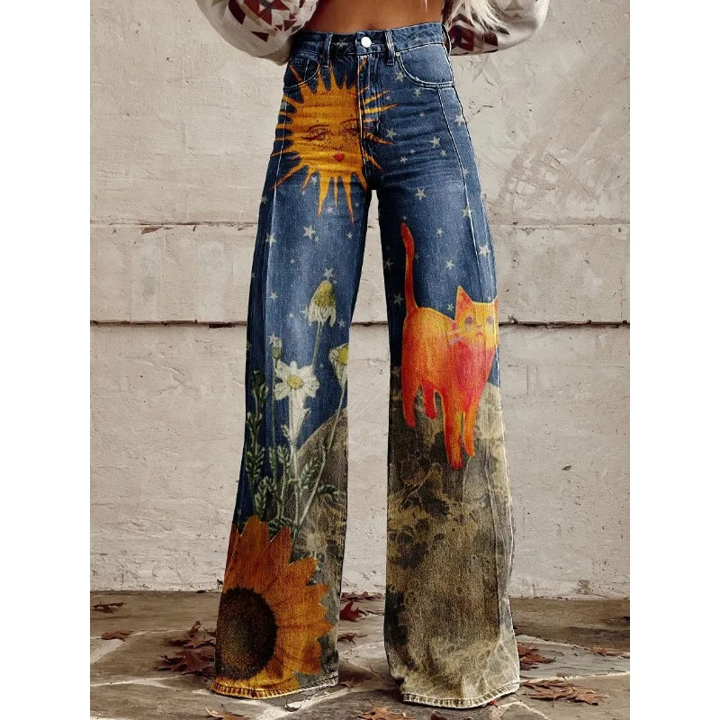 eeEnWomen s Vintage Geometric Pattern Print Casual Wide Leg Pants Ethnic Tribal Style Summer Trousers Soft