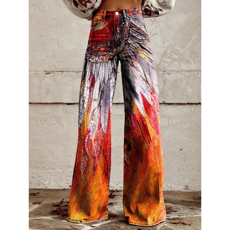 oM8DWomen s Vintage Geometric Pattern Print Casual Wide Leg Pants Ethnic Tribal Style Summer Trousers Soft