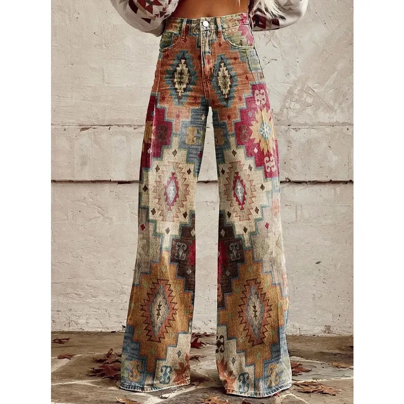 qnNjWomen s Vintage Geometric Pattern Print Casual Wide Leg Pants Ethnic Tribal Style Summer Trousers Soft
